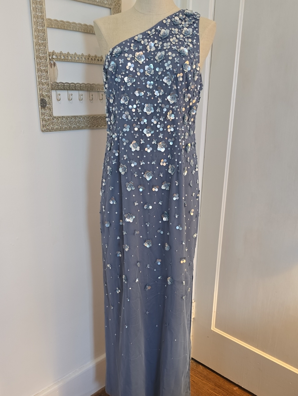 Adrianna Papell One-Shoulder Sequin Floral Gown in Dusty Blue